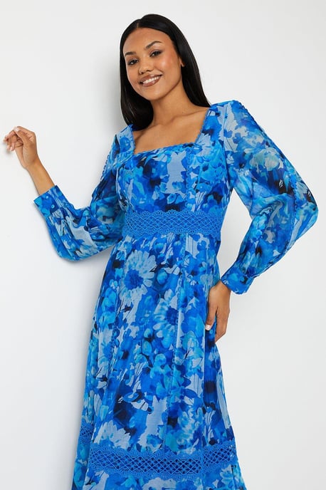 Lace Trim Blouson Organza Midi Dress