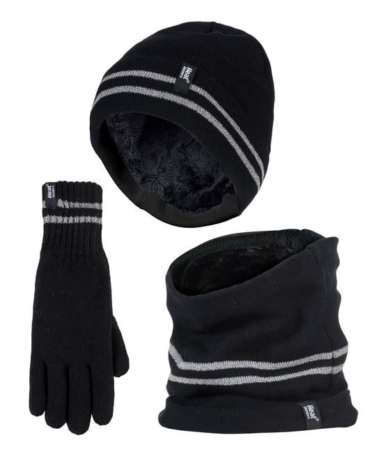 Hi Vis Hat, Neck Warmer & Gloves Set | Heat Holders | Reflective Workwear Set for Extreme Cold Weather - Black - Image 1