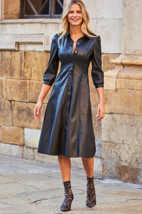 Black Faux Leather Popper Front Shirt Dress