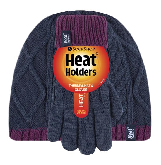 Heat Holders - Kids Girls Cute Cable Knitted Warm Fleece Lined Pompom Winter Hat and Gloves Set with Bobble - NP2P13 - Image 2