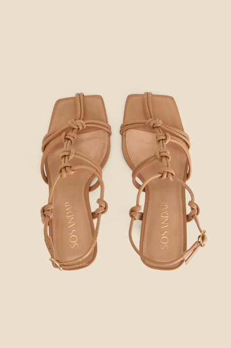 Tan Leather Knot Detail Flared Heel Sandals