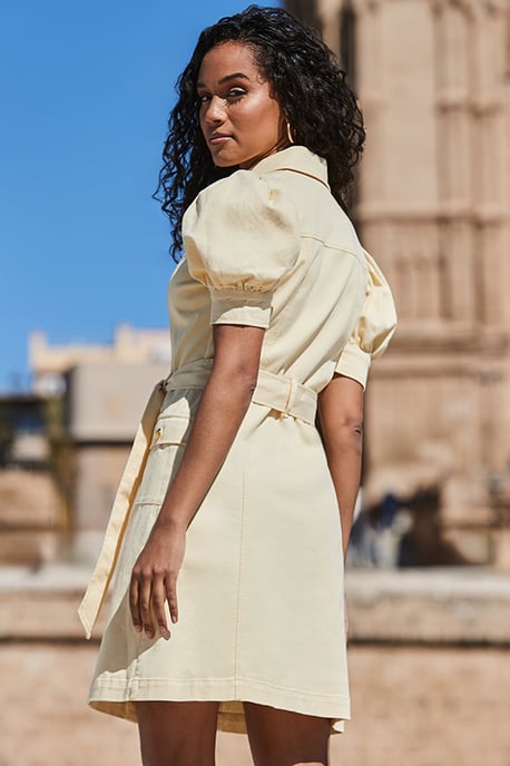 Petite Yellow Puff Sleeve Belted Denim Dress