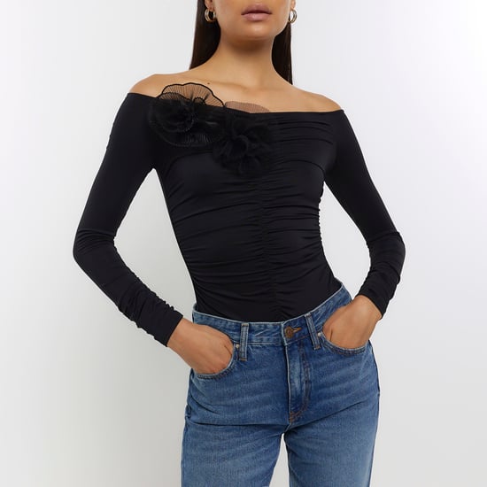 River Island Womens Bodysuit Black Ruched Corsage Detail