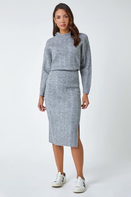 Ribbed Side Split Knit Pencil Skirt