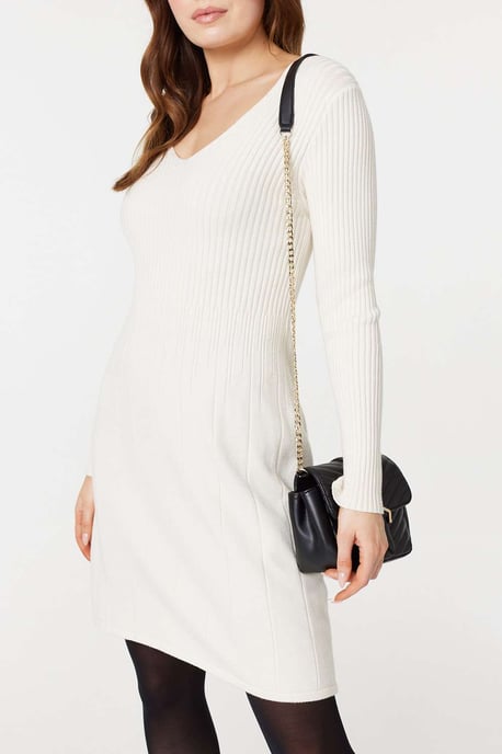White Plain Ribbed Knit Mini Dress