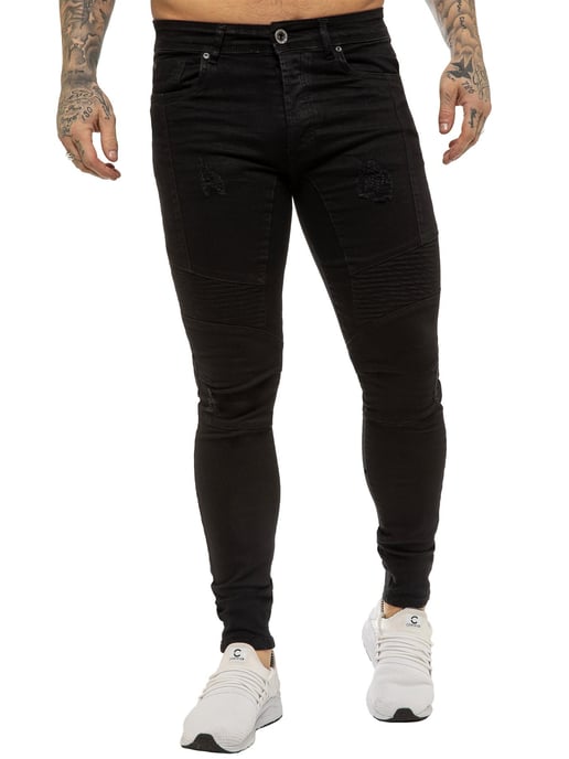 Enzo | Heren Skinny Stretch Biker Denim Jeans - Zwart - Image 2