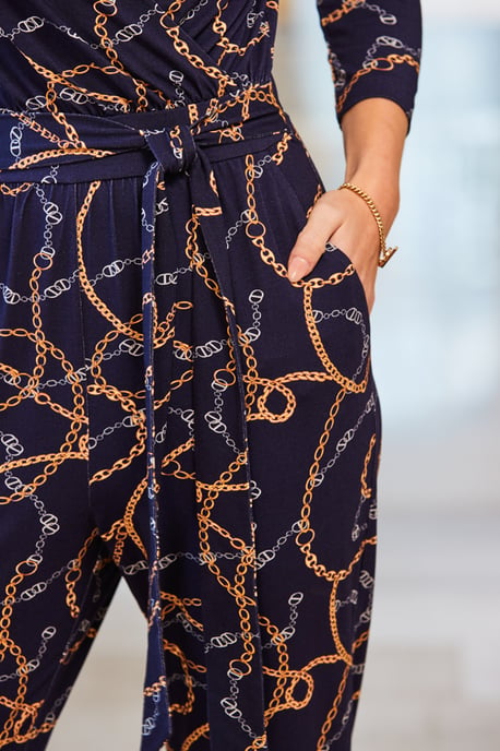 Navy Blue Chain Print Wrap Front Tapered Leg Jumpsuit