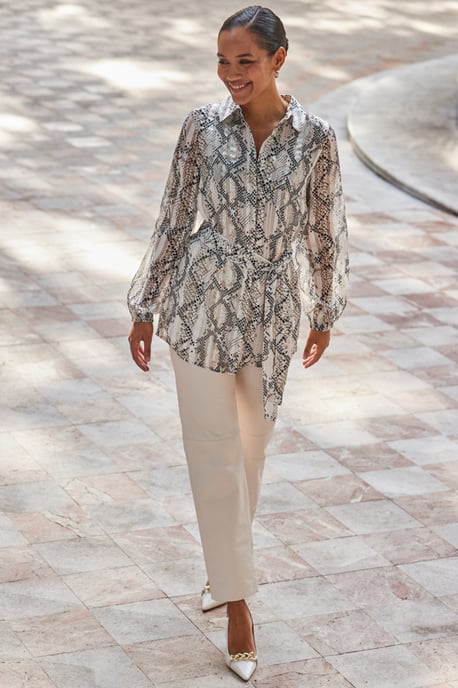 Snake Print Relaxed Fit Belted Longline Shirt