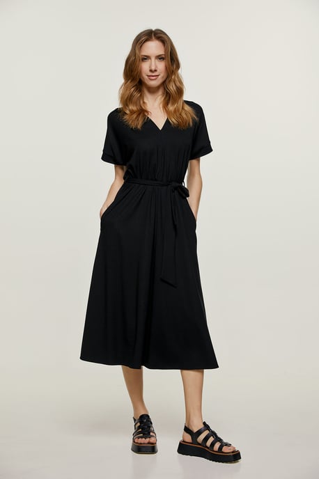 Black Jersey Belted Midi Dress