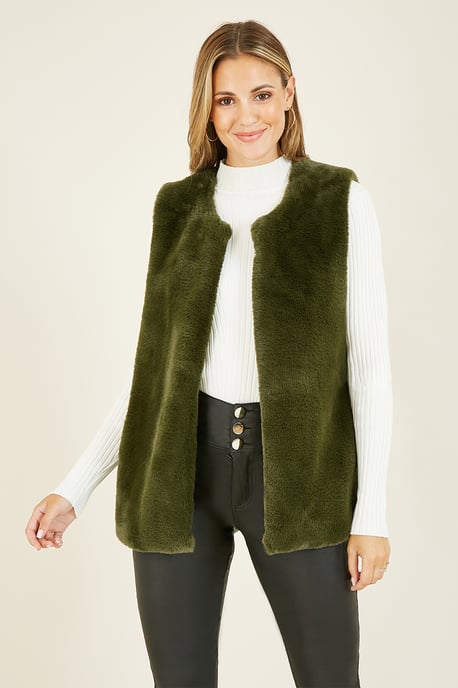 Yumi Green Faux Fur Gilet Jacket
