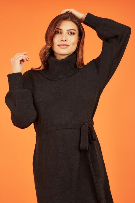 Black Roll Neck Jumper Dress With Belt