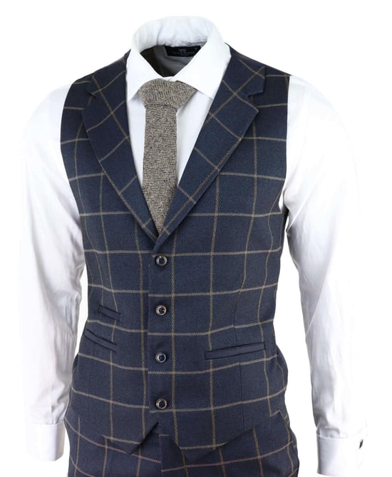 Mens Navy Blue Check 3 Piece Tweed Suit Peaky Blinders 1920s Gatsby Tailored Fit - Image 4