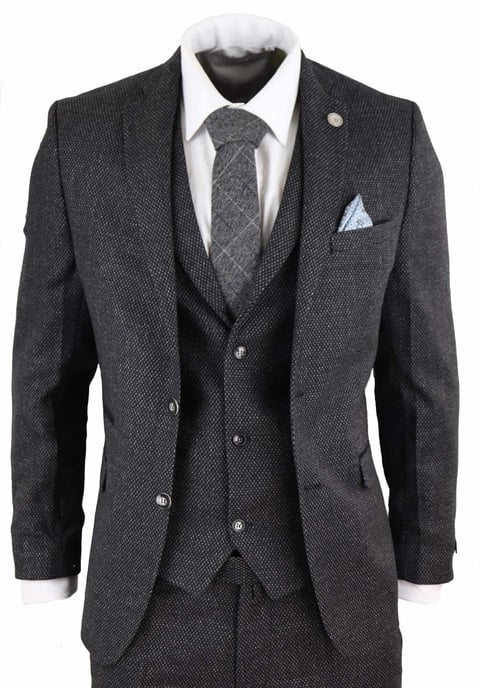 Heren 3-delige Zwarte Visgraat Tweed Kostuum - Image 1
