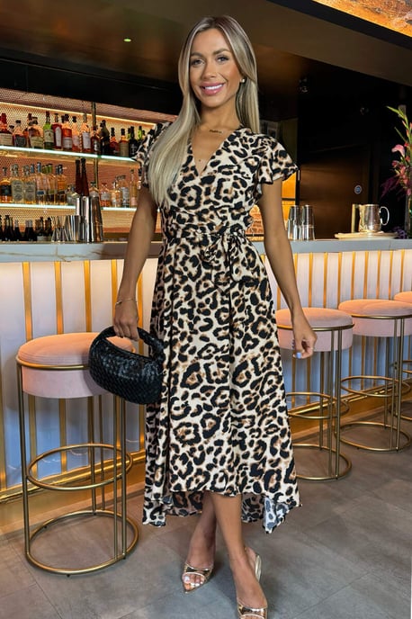 Multi Leopard Print Short Sleeve Belted Wrap Midi Dress