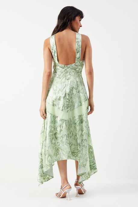 Snake Print Satin Cross Front Chiffon Insert Hanky Hem Midi Dress