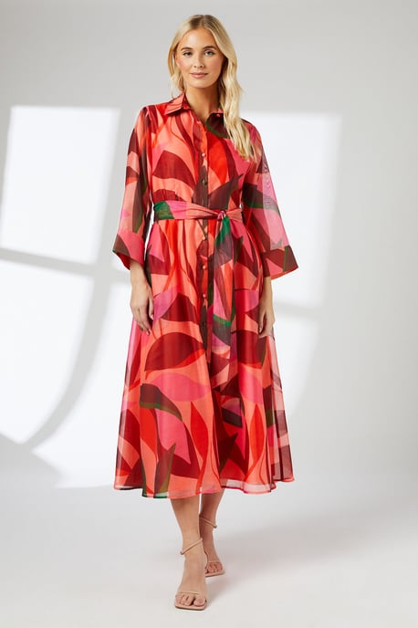Pink Abstract Print Belted Collared Shirt Dress