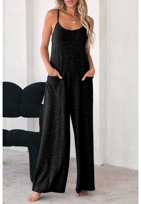 Women's Side Pocket Spaghetti Strap Wide Leg Jumpsuit in Black - Image 1