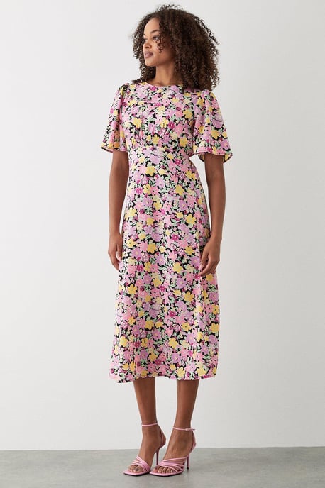 Pink Floral Flutter Sleeve Shirred Waist Midi Dress - Image 1