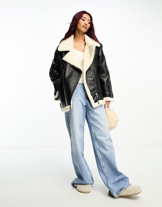 ASOS DESIGN faux leather bonded borg aviator jacket in black