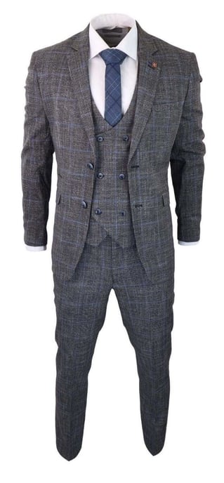 Heren 3-delig grijs met blauw geruit tweed vintage klassiek pak - Image 2