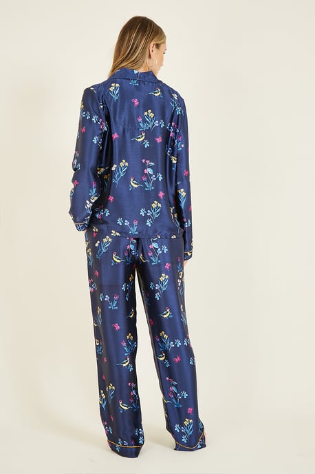 Yumi Navy Bird Print Satin Pyjamas - Image 3