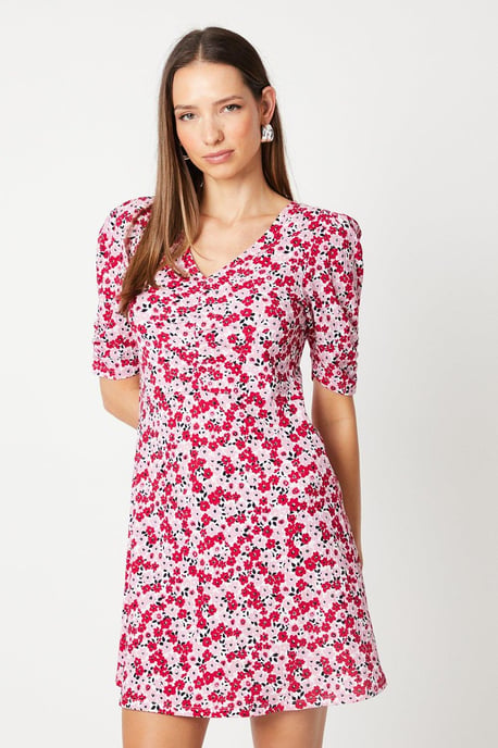 V Neck Ruched Front Puff Sleeve Mini Dress