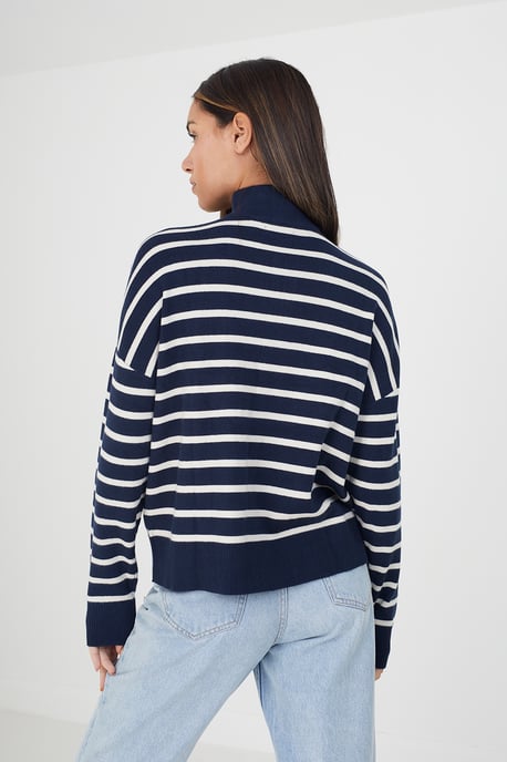 Navy 'Jottie' Striped 1/2 Zip Knitted Jumper