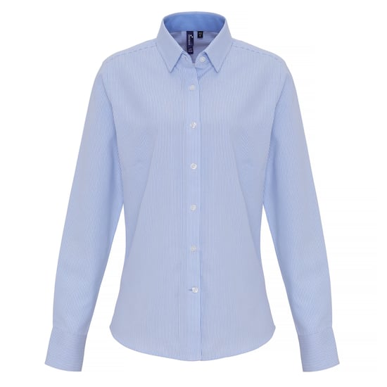 Premier Womens/Ladies Cotton Rich Oxford Stripe Blouse (White/Light Blue) - Image 1