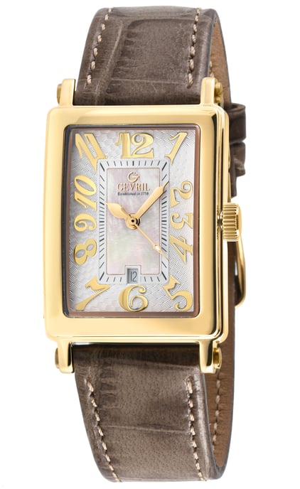 Gevril Ave of Americas Mini Women's Swiss Quartz White MOP Dial Watch, Genuine Tan Leather Watch - Image 1