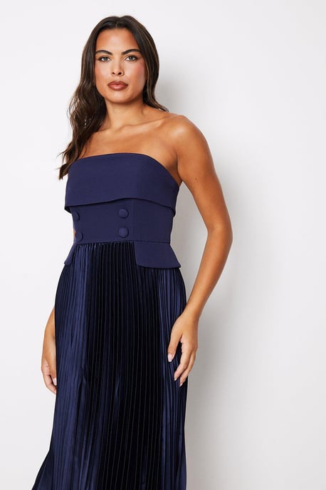 Button Front Bandeau Pleat Skirt Midi Dress - Image 2