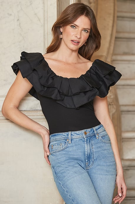 Black Ruffle Detail Jersey Top