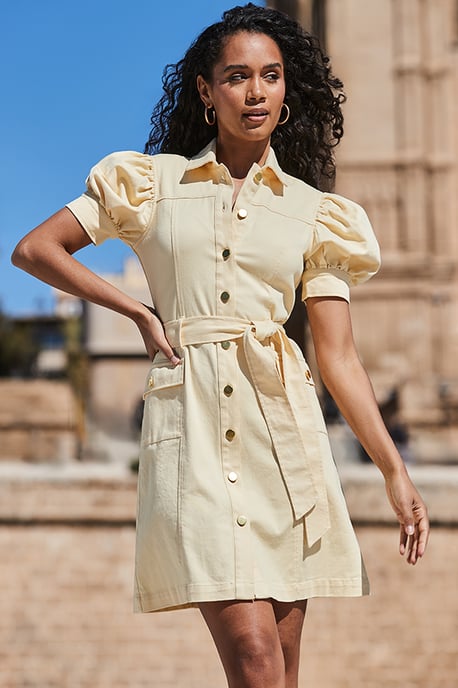 Petite Yellow Puff Sleeve Belted Denim Dress