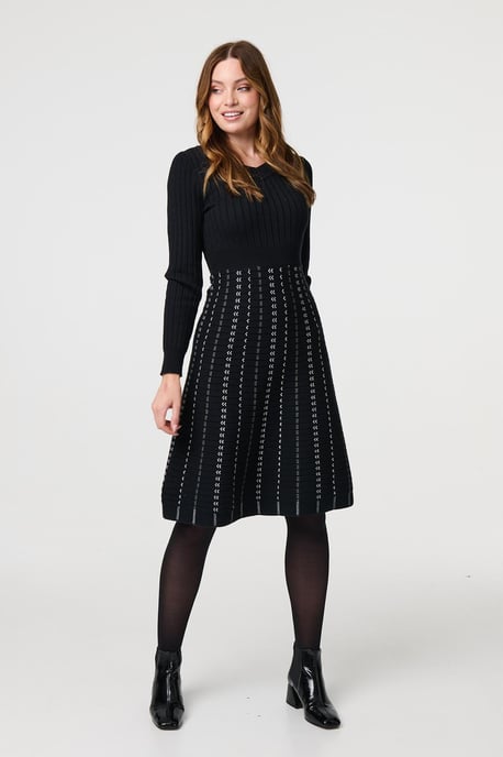 Black Striped Long Sleeve Midi Knit Dress
