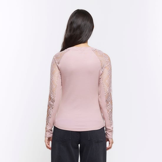 River Island Womens Top Pink Rib Lace Long Sleeve