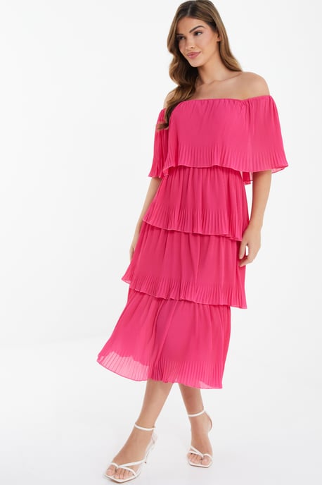 Pink Bardot Tiered Midaxi Dress