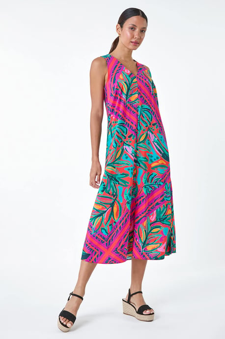 Tropical Leaf Print A-Line Midi Dress
