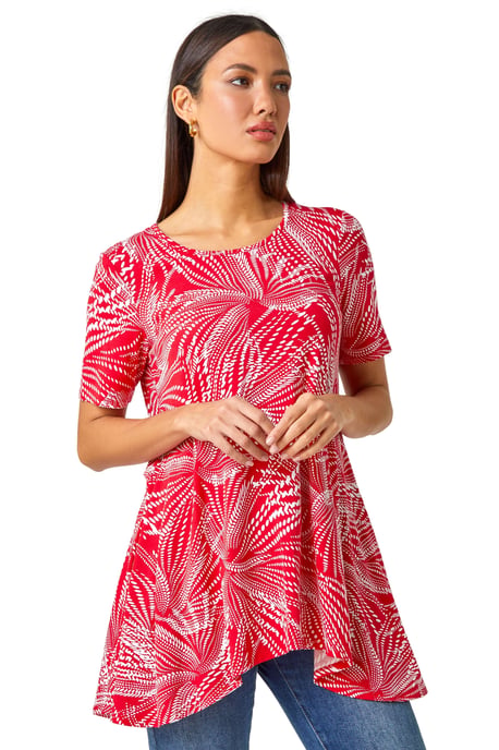 Textured Fan Print Hanky Hem Tunic Top