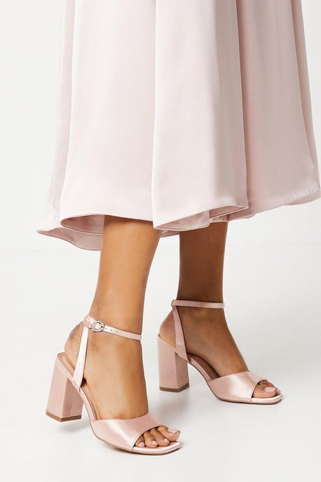 Truly Satin Diamante Buckle High Block Heel Sandal