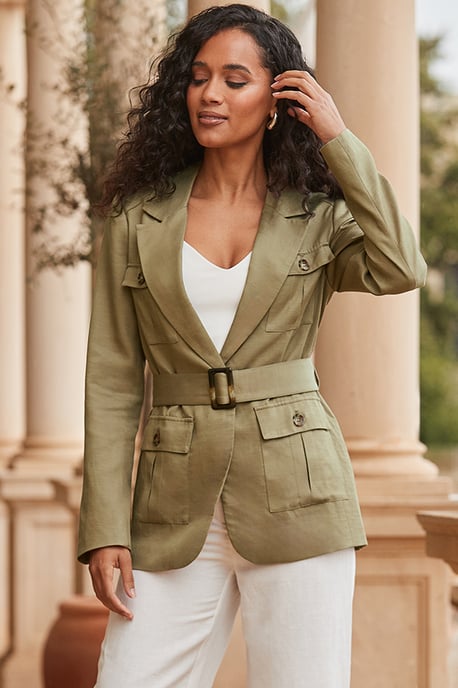 Khaki Green Linen Blend Belted Utility Blazer