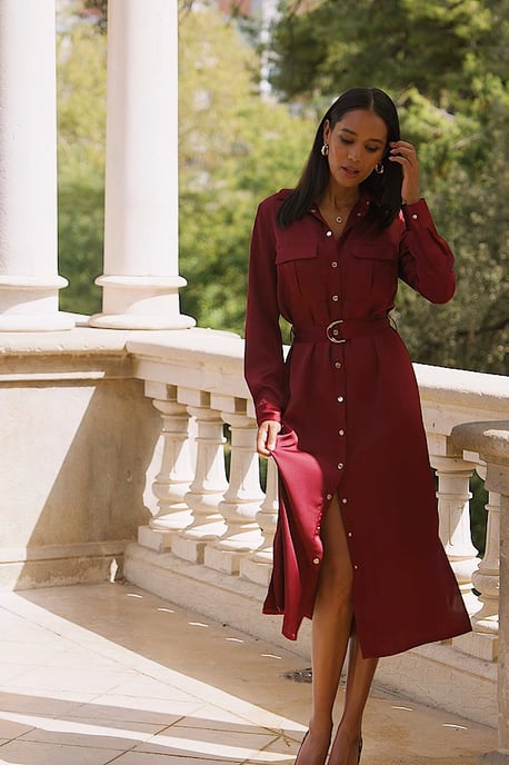 burgundy utility dress Burgundy Satin Utility Shirt Dress