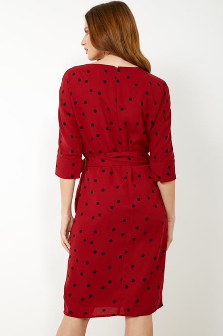 Red & Black Spot Print Belted Shift Dress