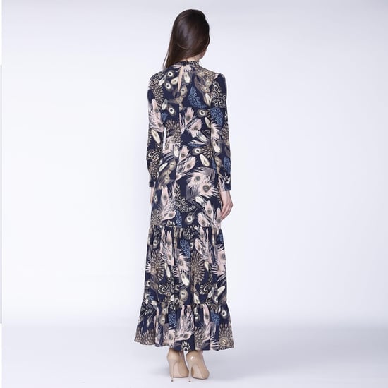 Boheemse stijl lange jurk met ruches en veren print - Image 2