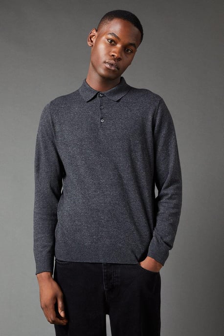 Cotton Rich Long Sleeve Knitted Polo - Image 1