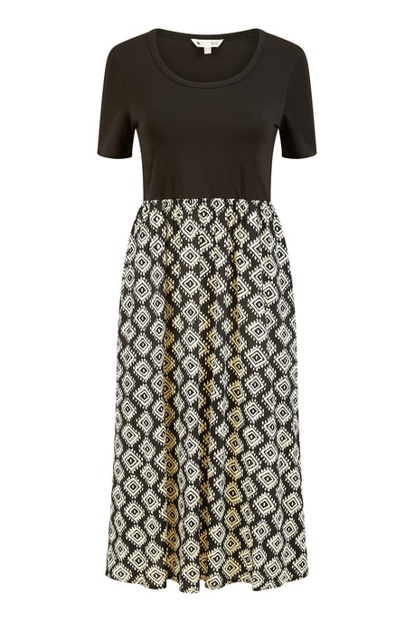 Black Jersey Stretch Top And Geo Skirt Midi Dress