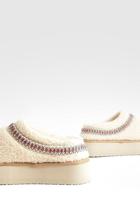 Borg Embroidered Platform Cosy Mules