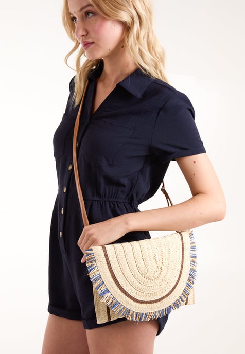 Woven Fringe Detail Clutch Bag With Attachable Strap