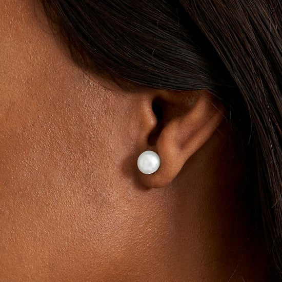 Luxenter Essential Earrings in 925 Sterling Silver and White Pearl finished in 18 carat yellow gold