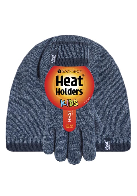 Heat Holders - Children Boys Winter Warm Fleece Lined Insulated Knit Turn Over Cuff Ribbed Hat and Gloves Set - DN2P8 - Image 2