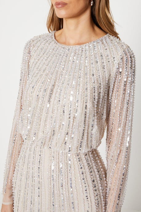 Linear Sequin Embellished Long Sleeve Midi Dress - Image 2