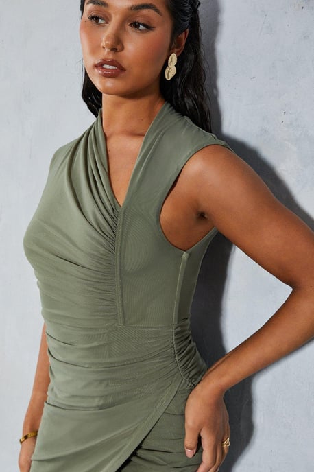 Mesh Ruched Cut Out Detail Wrap Midaxi Dress